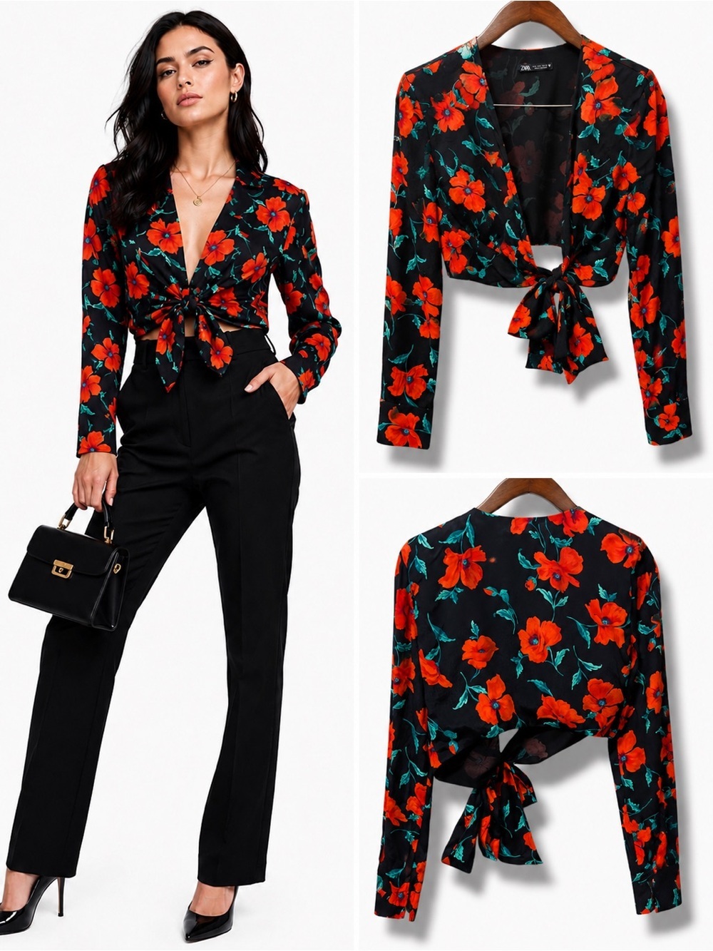 Zara | NWOT Morocco Black Red Floral Wrap Tie-Front Crop Blouse (size S)